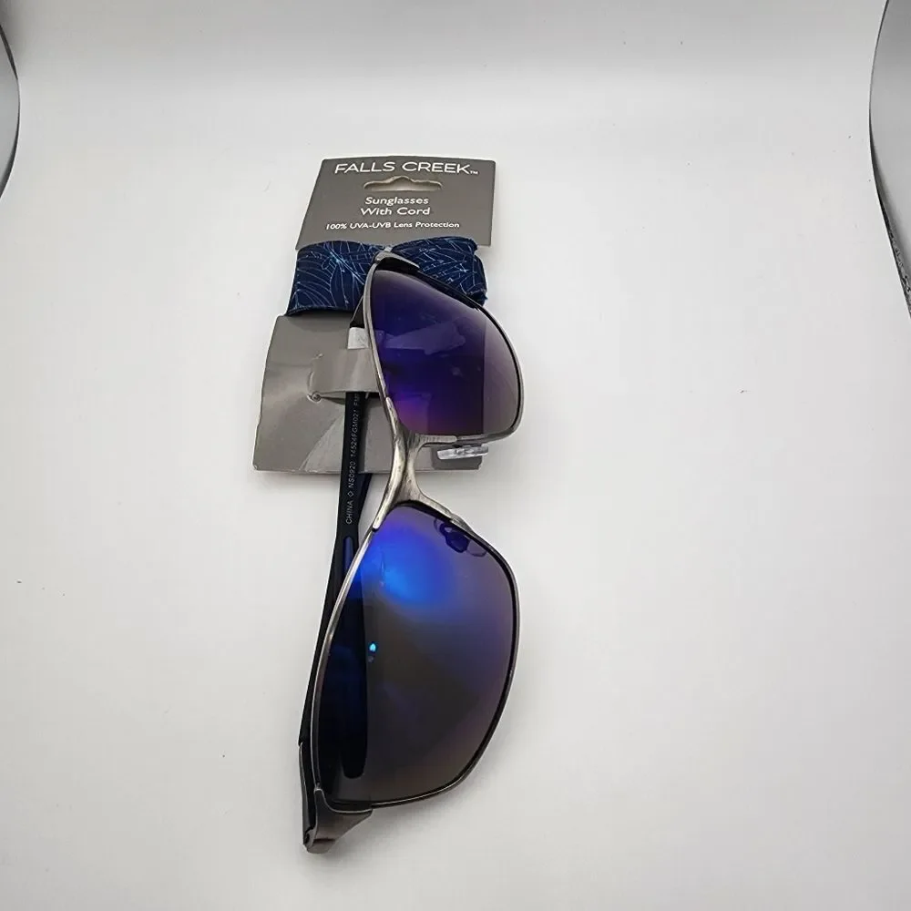 NWT Falls Creek Silver & Black Sunglasses & Blue Leaf Cord